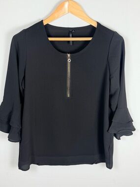 Cathy Black Zip Front Blouse Tiered Ruffle Sleeve Lightweight Top Small Textured